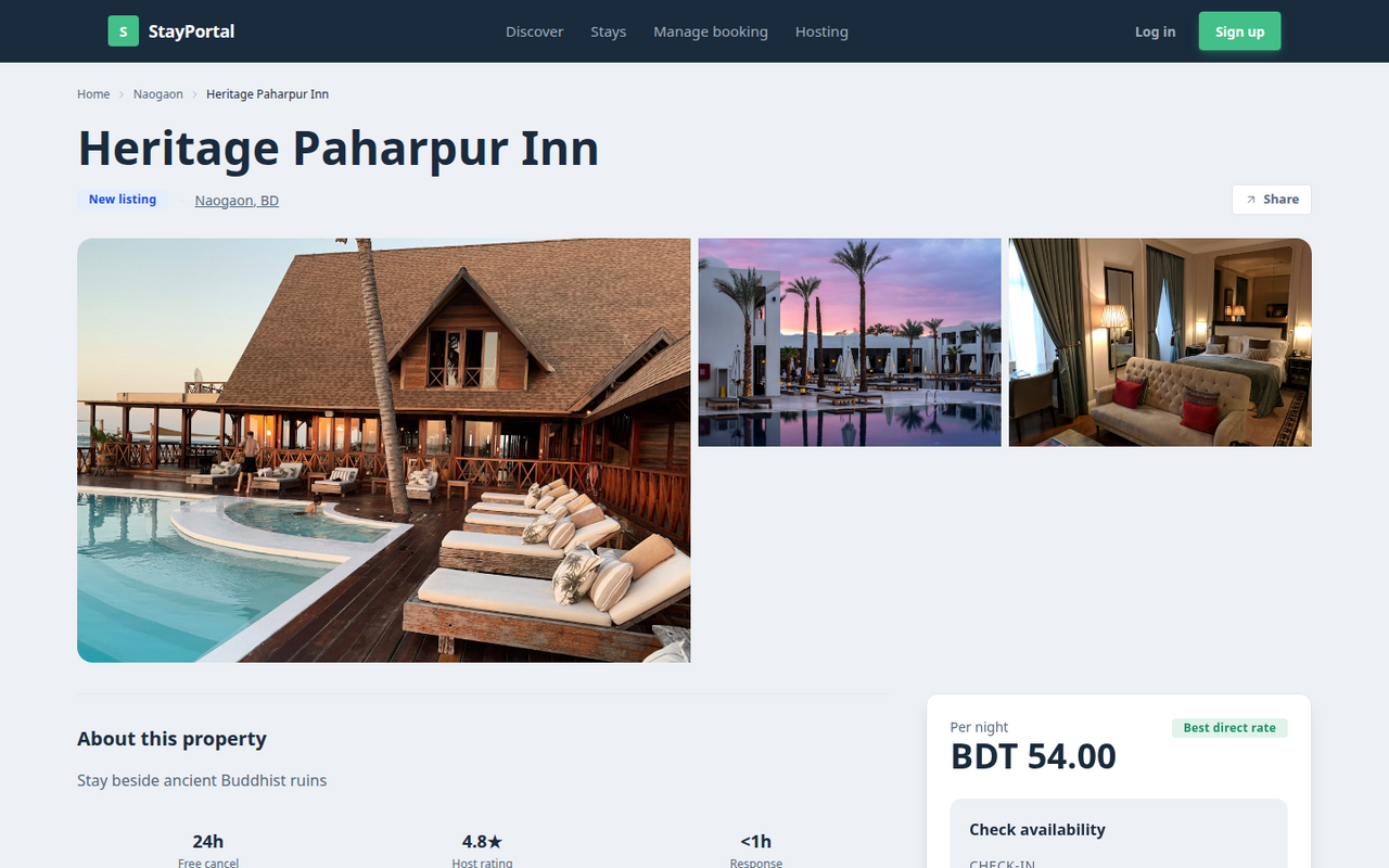 Property detail — Heritage Paharpur Inn with photo gallery, pricing, and booking widget